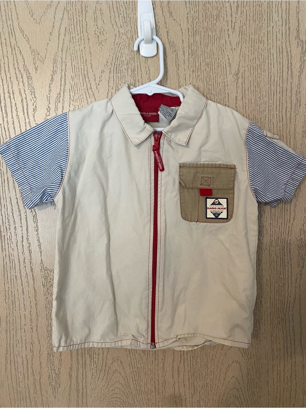 Kids Short-Sleeve Zip Front Shirt Jacket - Cream with Blue Stripe Sleeves